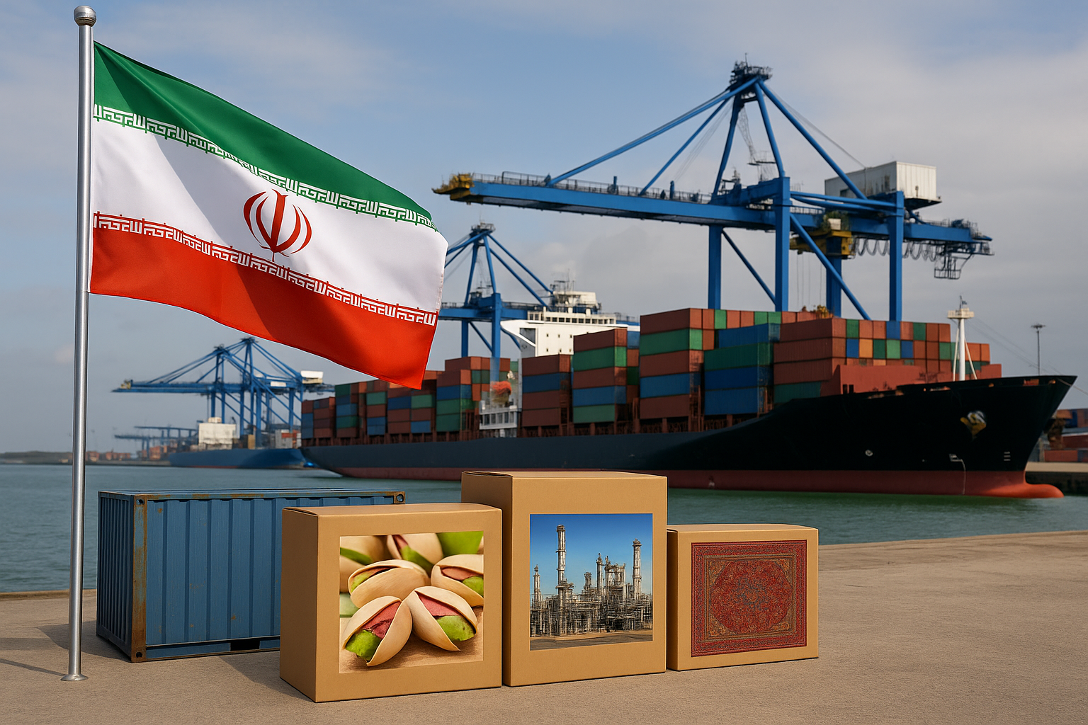 تصویر بندر و کانتینرهای صادراتی ایران با پرچم ایران و کشتی‌های باری اروپا؛ موضوع: جنگ تعرفه‌ها و تجارت ایران